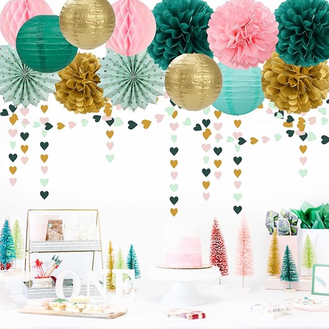 Sage-Green Pink-Gold Baby-Shower Party Decorations - 14pcs Teal Wedding Paper Lanterns Fan,Tissue Pom Poms Streamers,Honeycomb Balls,Birthday Bachelorette Engagement Bridal Decor Lasting Surprise