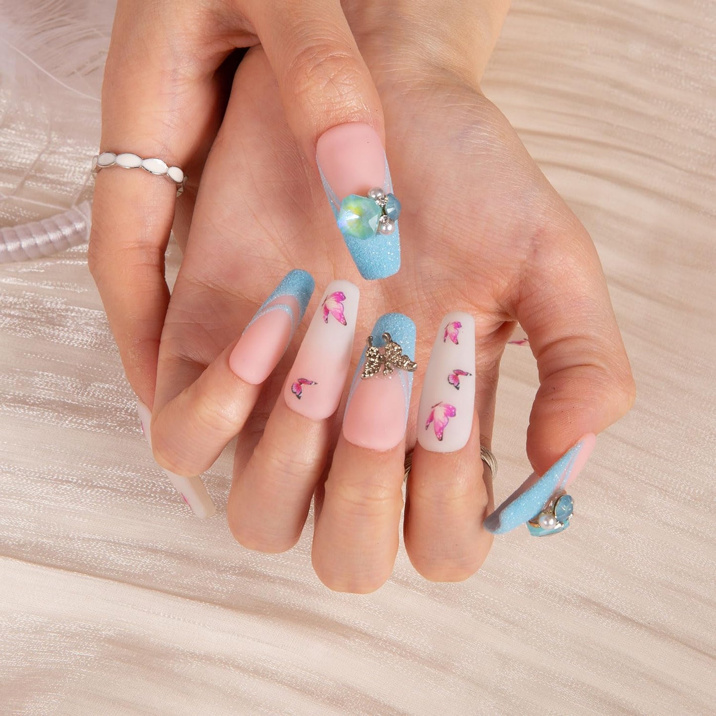 LOVFUL Press on Nails Sky Dance French Tip | Handmade with Full Covered Crystals | Reusable Full Cover Nails | Coffin Classic Regular 1.3 in | H282-S
