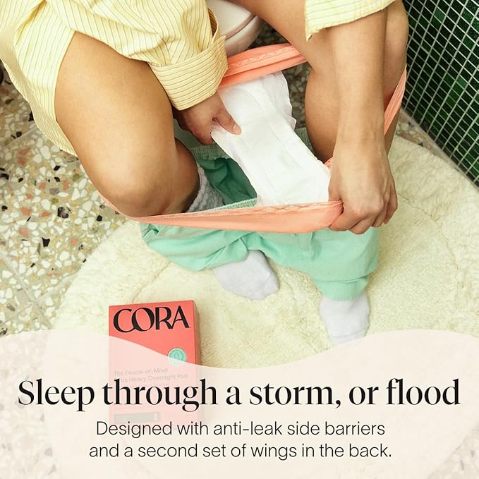 Cora 100% Organic Cotton Topsheet Pad | Ultra Thin Period Pads with Wings | Extra Heavy Overnight Absorbency | Unscented Ultra-Absorbent Sanitary Pads for Women (48 Count)