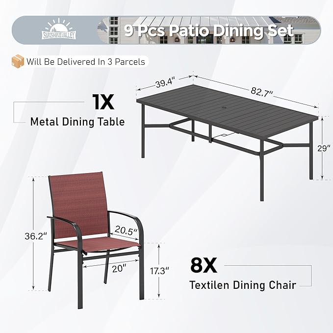 Patio Dining Set 9 PCS, 8 Stable Outdoor Dining Chairs with Rectangular Dining Table, Patio Table and Chairs Set for Lawn,Garden,Deck and Backyard