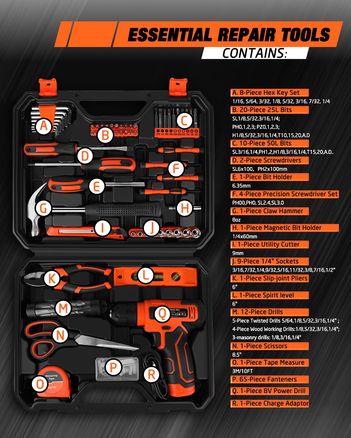 Thatool 139-Piece Tool Set - Tool Kit with 8V Cordless Drill Driver in ToolBox Storage Case, General Household Drill Set for Home Repairs, Handyman, DIY Projects