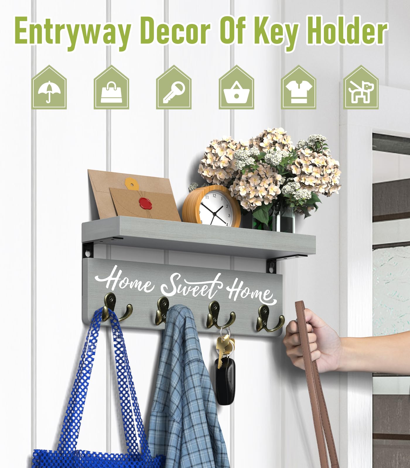 buways Key Holder Wall Mount with 4 Double Hooks-Solid Wood Wall-Mounted Organizer for Keys&Mail Rustic Key Rack Hanger Holder Home Decor for Entryway Living Room (Gray)