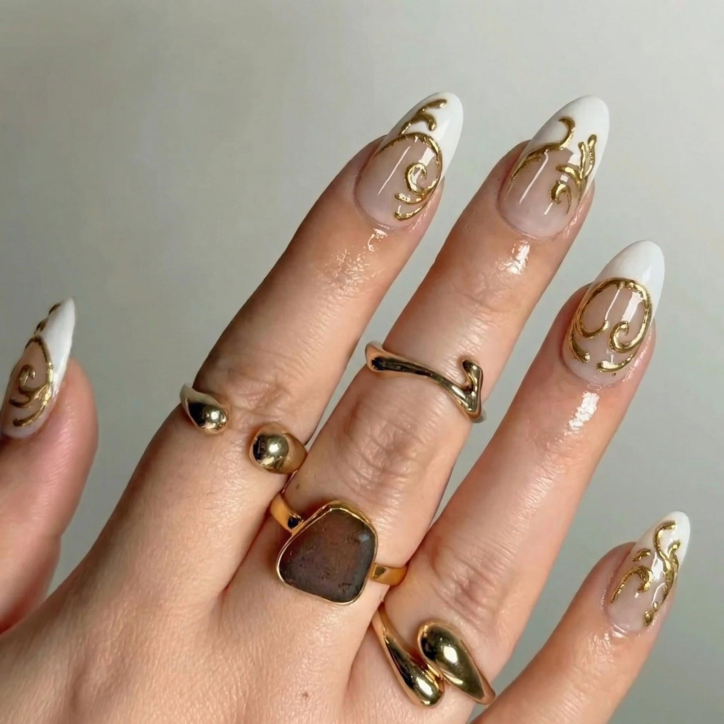 IMRAIN Handmade Press on Nails - Gold Chrome French Tip Abstract Lines - 10Pcs Almond Shape Old Money Aesthetic Modern Metallic Nails(m)