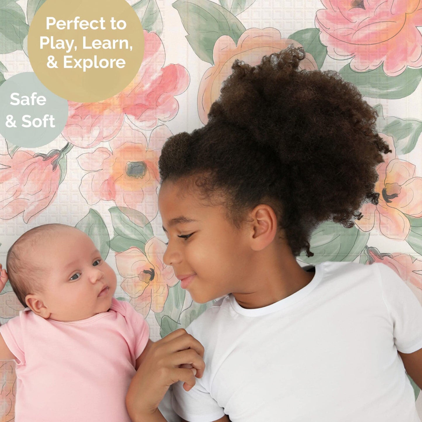 JumpOff Jo Foldable Foam Play Mat – Large Waterproof Baby & Toddler Activity Floor Mat, Double-Sided 70 x 59 Inch Play Surface - Love Blossoms