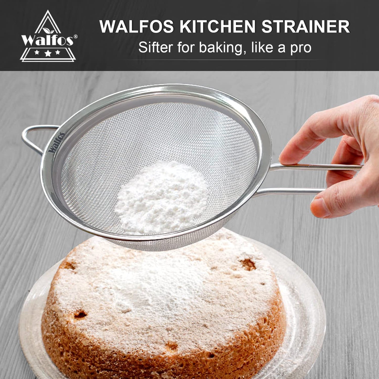 Walfos 7.8 Inch Fine Mesh Strainer, Premium Stainless Steel Colanders and Sifters, with Reinforced Frame and Sturdy Handle, Perfect for Sift, Strain, Drain and Rinse Vegetables, Pastas and Tea