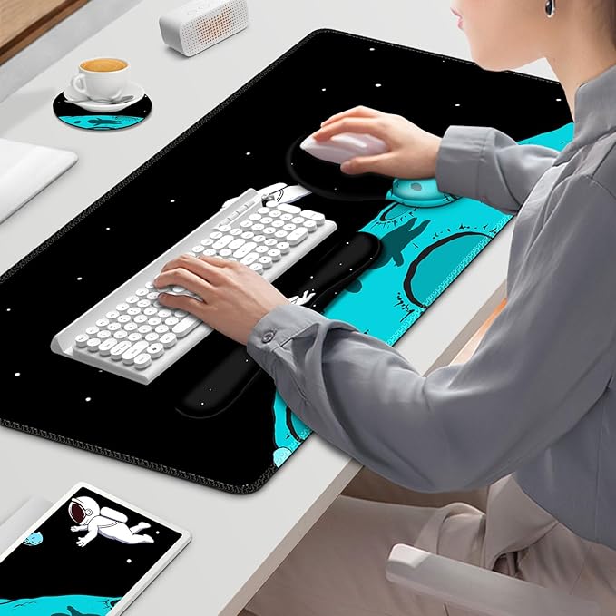 Gaming Mouse Pad, Large Desk Mat, Cute Desk Pad Protector, 4in1 XXL Mousepad + Keyboard Wrist Rest+Mouse Wrist Rest+Coaster Set with Ergonomic Desk Pad for Home Office PC Computer, Cool Space Alien