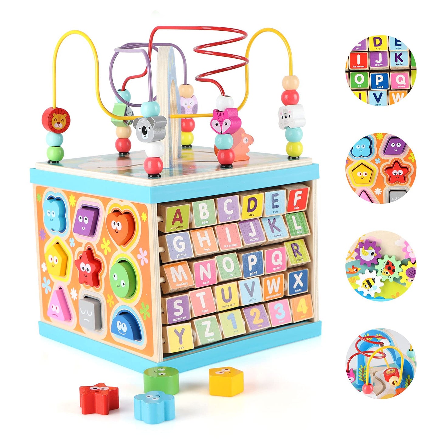 Qilay Wooden Activity Cube for Toddlers (Large), 5 in 1 Multipurpose ABC-123 Abacus Bead Maze Shape Sorter | Early Educational Toy for Toddlers - First Birthday Present for Boys Girls