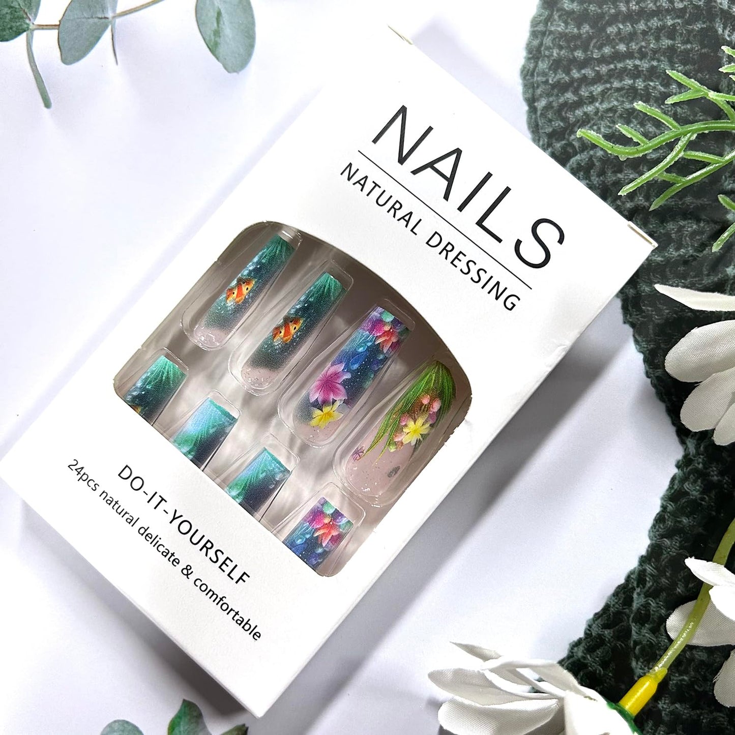 LOPMNGHT Flower Press on Nails Long Square Artificial Acrylic Fingernails Blue Ocean with Clown Fish Starfish Pattern Design Glossy Stick on Nail Full Cover Coffin Artificial Nails for Women 24Pcs