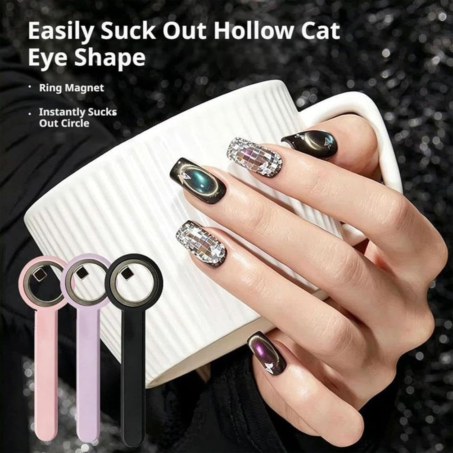 Ring-Shaped Cat Eye Magnet for Nails, Hollow Magnetic Design Circle Cat Eye Magnet for 3D Halo French Tip Nail Art, Home Salon DIY Manicure Tool (3Pcs-Pink+Purple+Black)