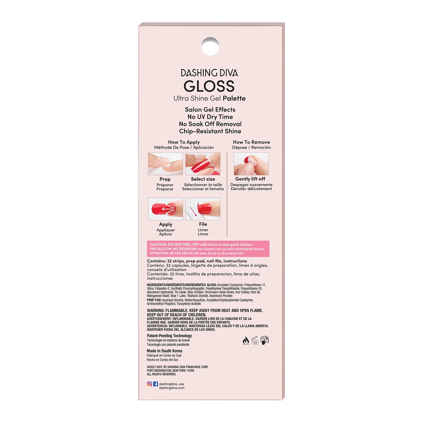 Dashing Diva Gloss Nail Strips - Feeling Flush | UV Free, Chip Resistant, Long Lasting Gel Stickers | 32 Wraps, 1 Prep Pad, 1 File