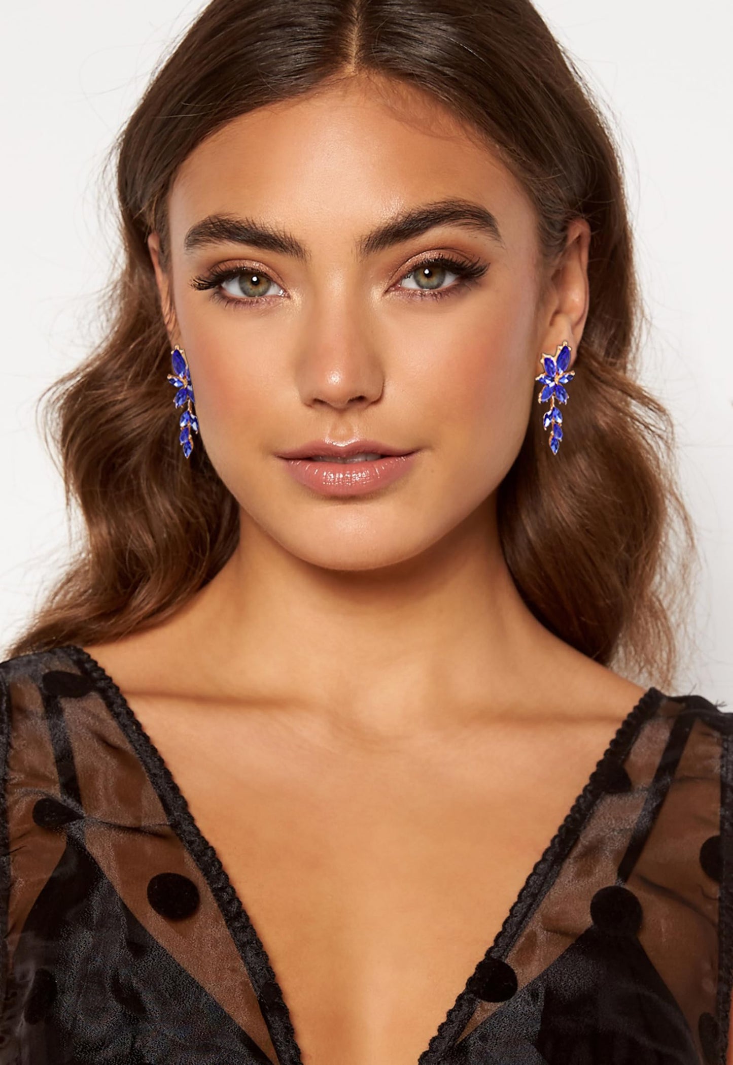 ATIMIGO Elegant Royal Blue Rhinestone Dangle Earrings Cluster Crystal Wedding Bridal Earrings for Brides Bridemaids Formal Prom Statement Drop Earrings for Women