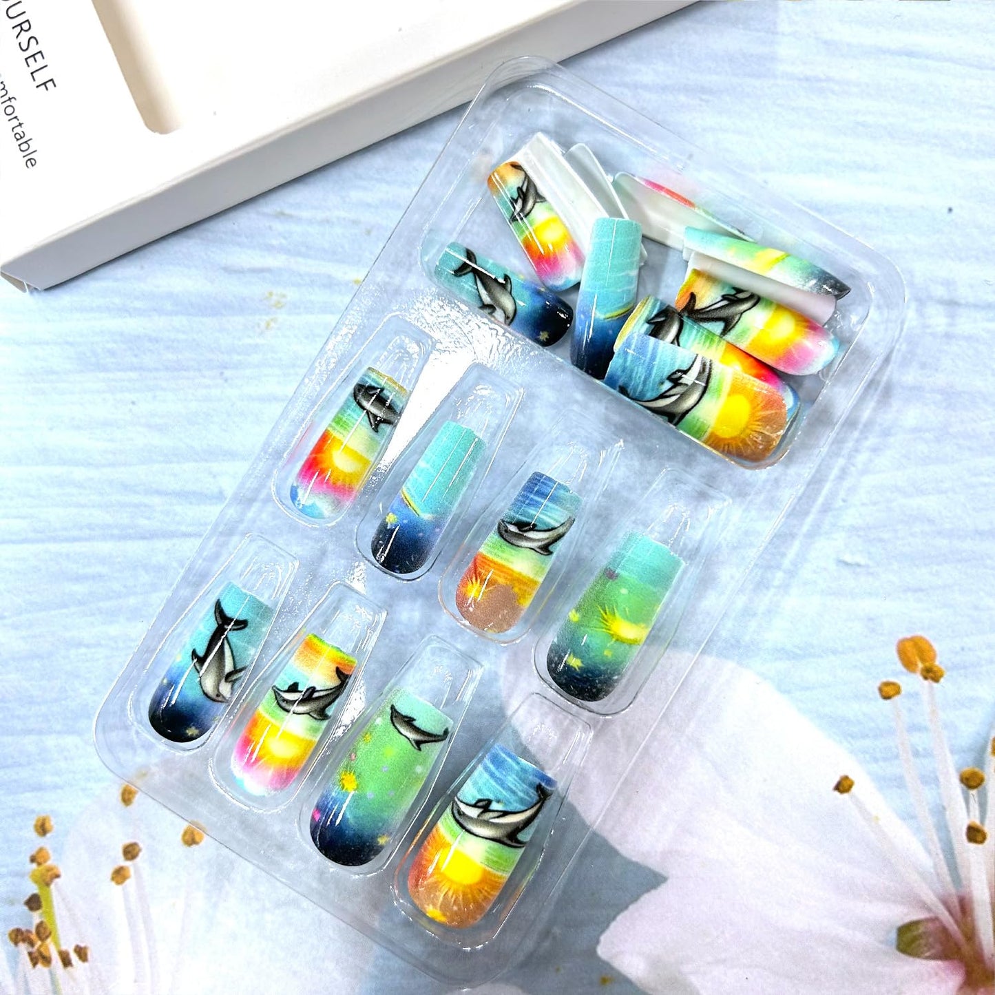 Dolphin Press on Nails Medium Ballet Shaped Sunset Waves Pattern Design Beach Artificial Fingernails Full Cover Glossy Ocean Acrylic Fake Nail Medium Press Ons Stick on Nails for Women 24Pcs