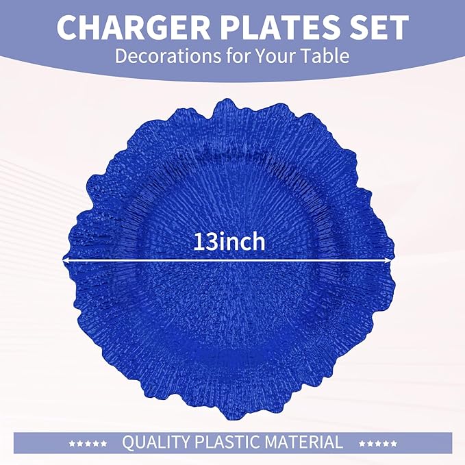 50 Pcs Royal Blue Charger Plates Bulk 13 Inch Plastic Charger Plates for Dinner Plate, Royal Blue Chargers for Table Setting, Reef Design Plate Floral Decorative Round Chargers for Wedding Party Event