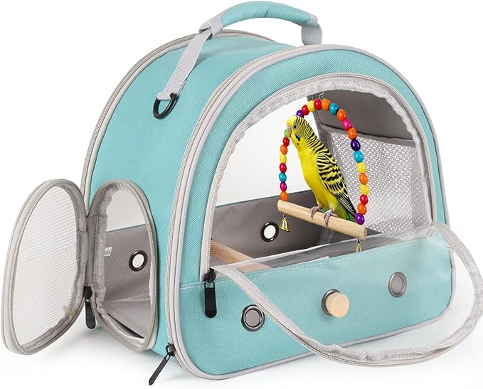 Parrot Travel Cage Carrier with Bird Cage Bells Mirror Set,Portable Small Bird Parakeet Bag with Standing Perch and Comfy Mat Bird Carry Transport Bag with Clear Window Outdoor Adventure