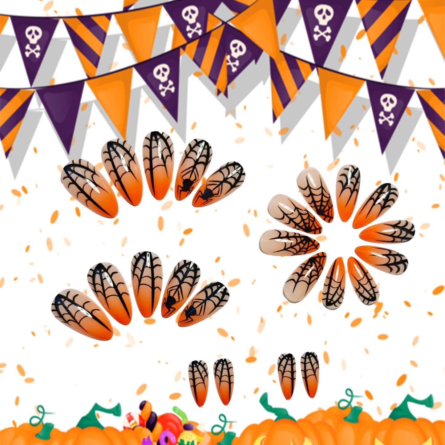 CJDLTS Halloween Spider Press on Nails Medium Almond Black Spider Web Spider Design Orange Gradient Halloween Nail Artificial Acrylic False Nails Full Cover Glossy Glue on Nails for Women 24Pcs