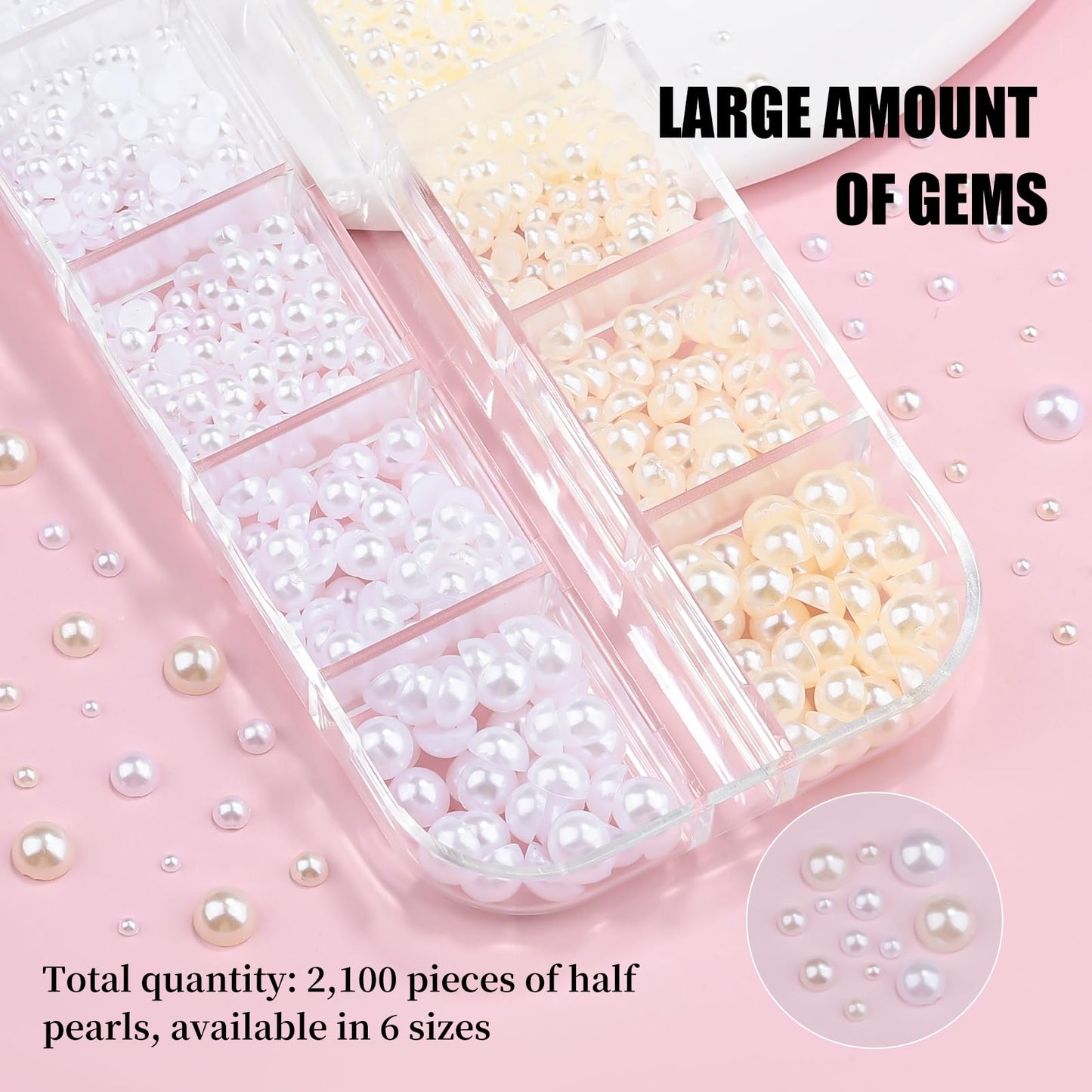 2100Pcs Flatback Nail Pearls Gems, 1.5-5mm White Beige Beads Half Round Nail Charms Beads with Pickup Pencil and Tweezers for Crafting Face Hair Manicure (11-K1-half-pearls-beige-white)