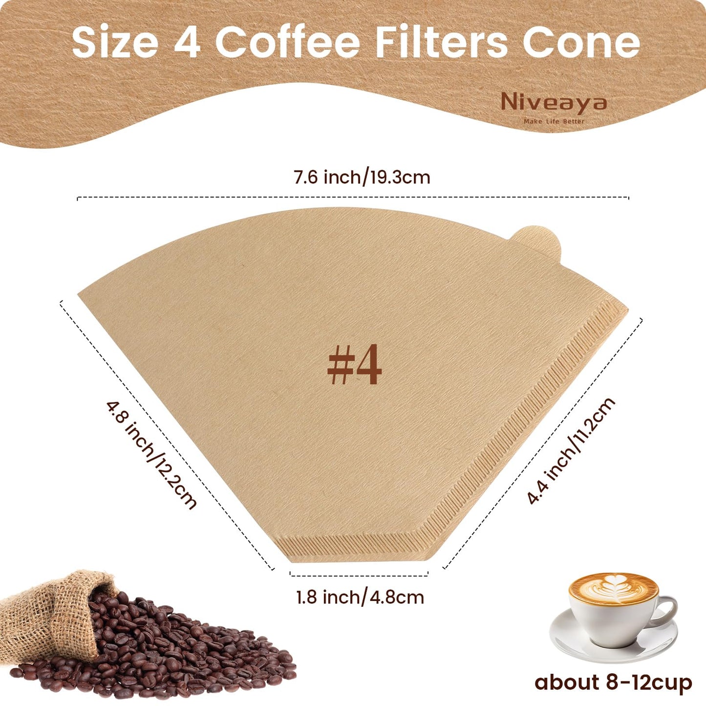 Niveaya 200 Count Coffee Filters #4, Unbleached Natural Brown Coffee Filters 8-12Cup, Disposable Cone Paper Fliters for Pour Over and Drip Coffee Maker