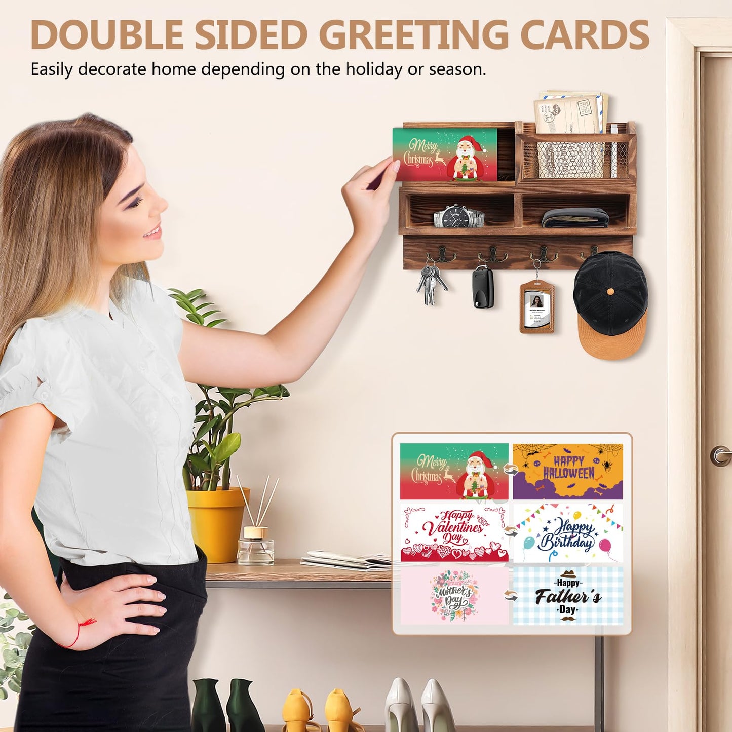 HOMEBROS Key Holder Wall Mount, Wooden Mail and Key Organizer with Chalkboard and Mirror, 3 Greeting Cards, 8 Hooks, Brown, Type 1