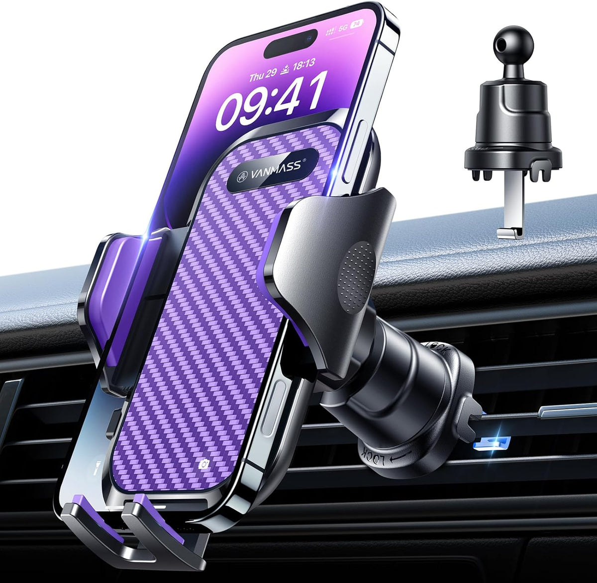 VANMASS Car Phone Holder Mount 2025 Upgraded [Patent Steel-Hook] Car Vent Phone Mount Clip Military-Grade Shockproof Cell Phone Car Mount Handsfree Truck Stand Vent Cradle for iPhone 16 Android,Purple