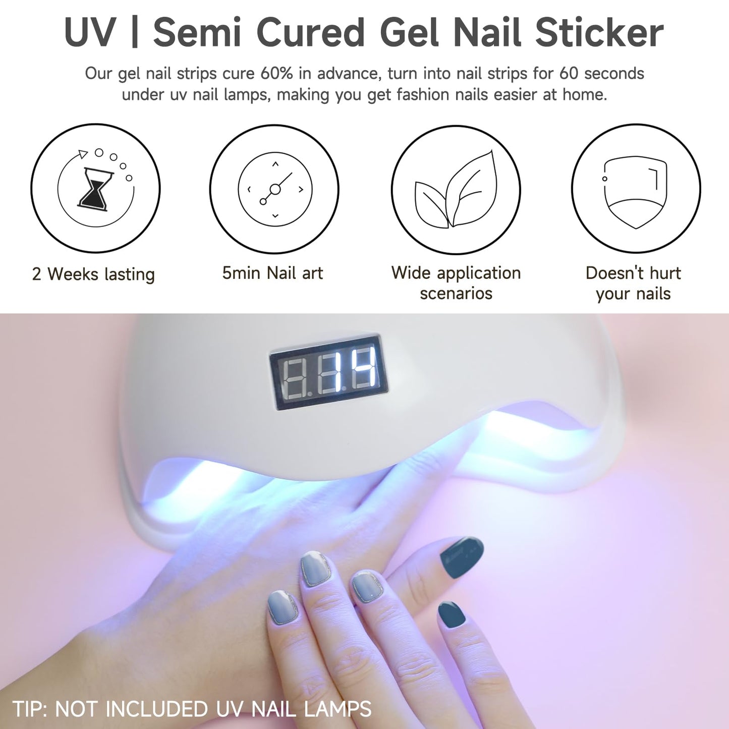 DUKASOU Semi Cured Gel Nail Strips, 56Pcs Nail Art Stickers/Wraps, Long Lasting UV Nail Polish Strips for Adults(Purple Silver Glitter+Light Blue)
