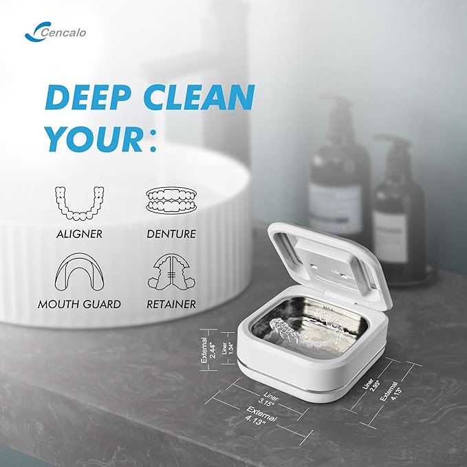 Ultrasonic Retainer Cleaner Machine with 2 Digital Timer, U-V Dental Cleaning Pod with Viewing Port,180ml Portable Denture Cleaner for Mouth Guards, Night Guards, Aligners, Brace, Jewelry, 42kHz White