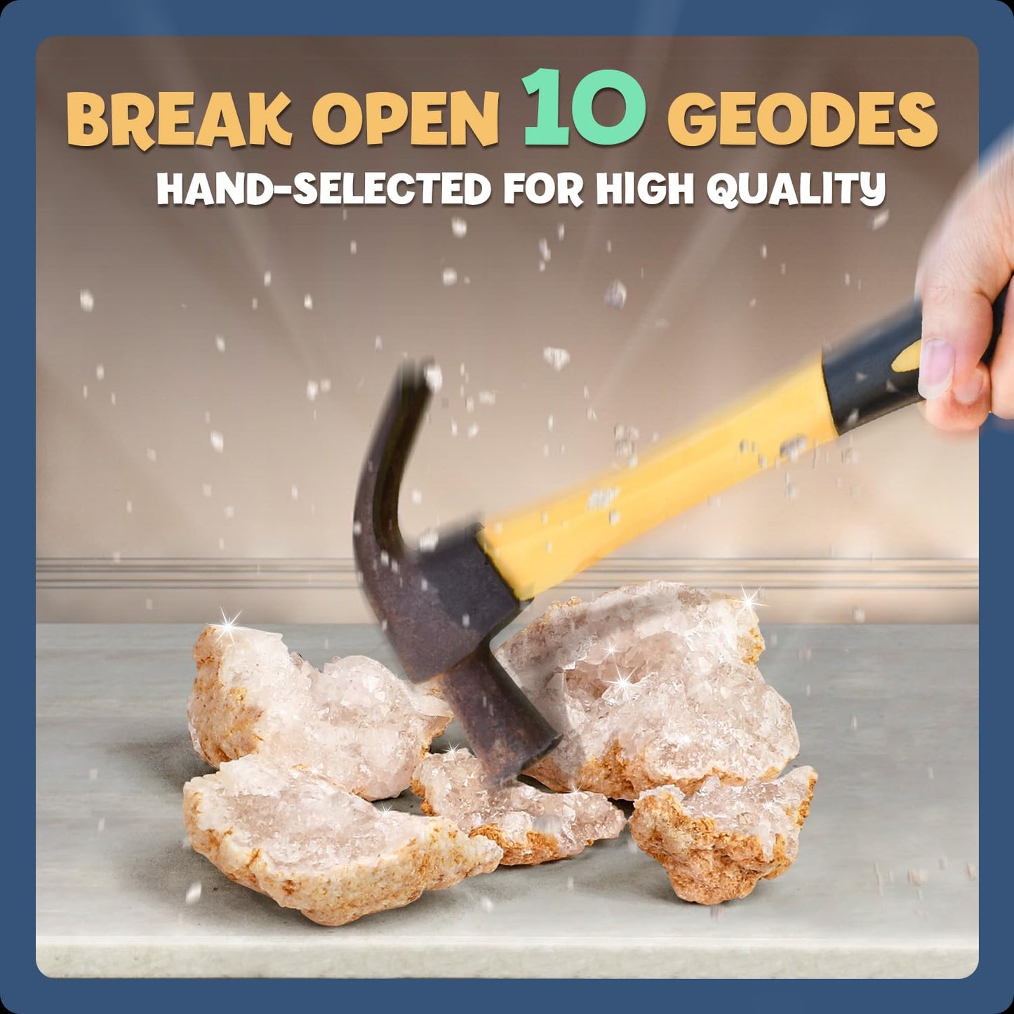 Break Open 10 Premium Geodes with Crystals – Great STEM Science Gift for Mineralogy & Geology Enthusiasts of Boys and Girls for Any Age - Includes Goggles, Learning Guide & 2 Display Stands