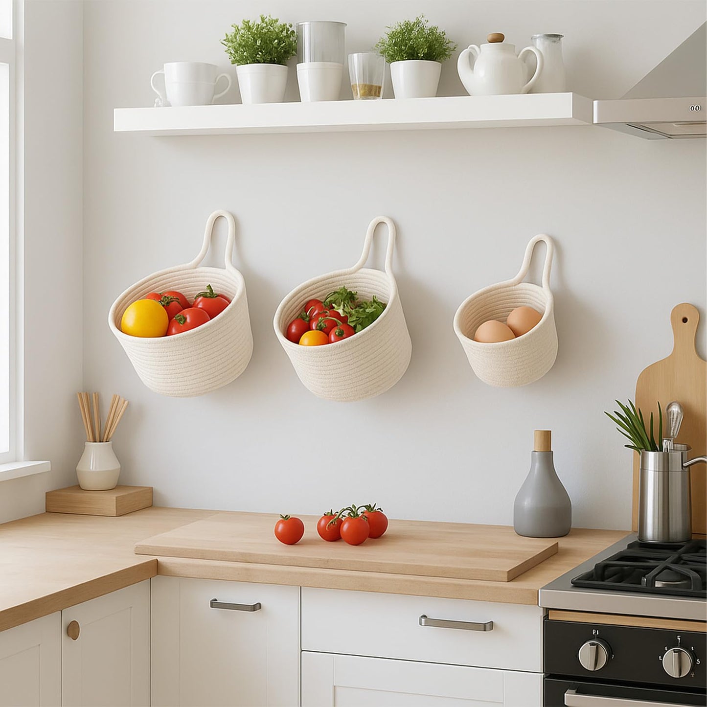 ShellKingdom Hanging Baskets, 3Pack Woven Wall Mounted Storage Basket with 3 Pcs Hooks, Boho Pouchs Bag Organizers for Home Office Living Room Bathroom Door Wall Decoration Caddy Bins (White)