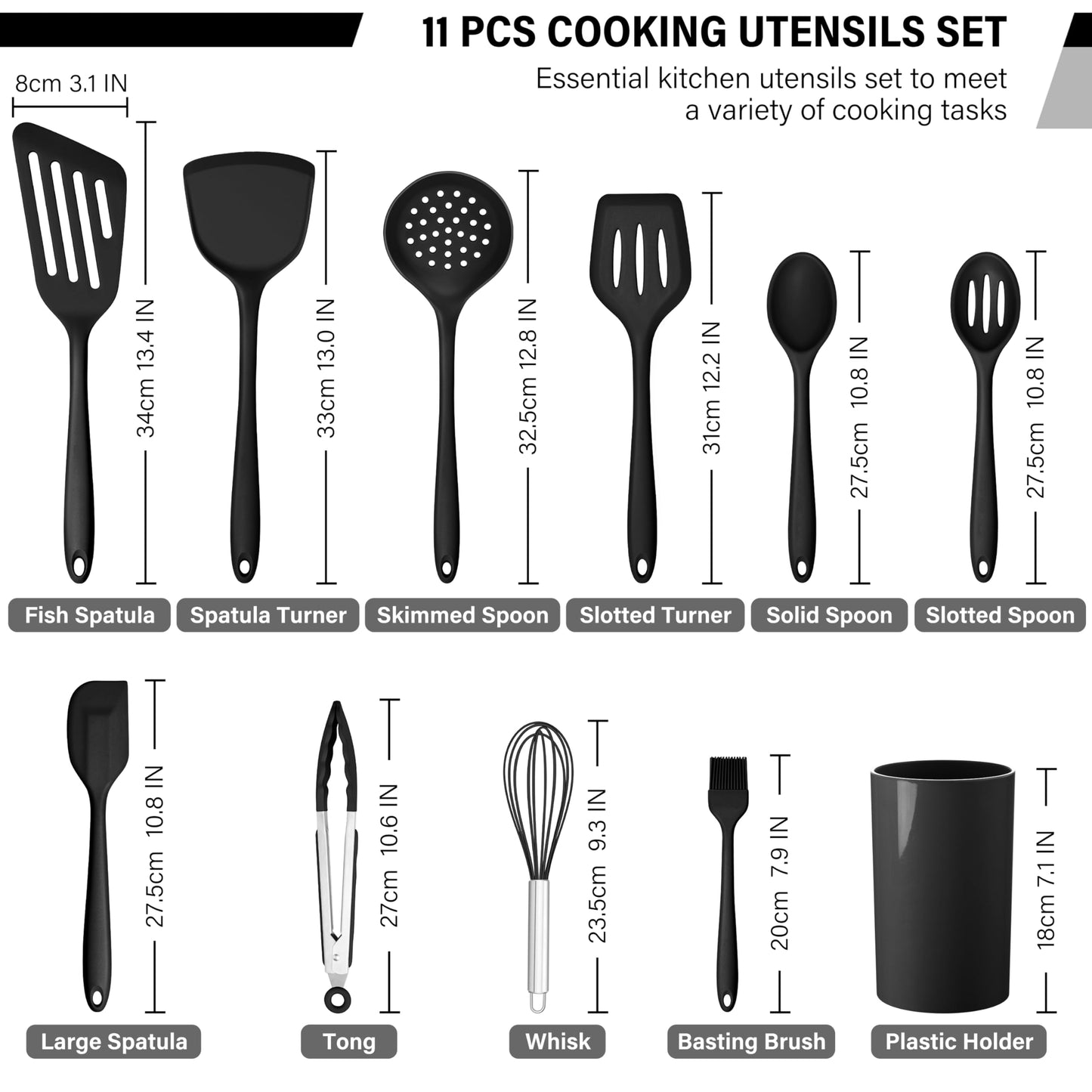 HaWare 11 PCS Silicone Cooking Utensils Set, Heat Resistant Kitchen Utensils with Holder, Food-grade Spatula Sets for Nonstick Cookware, Kitchen Tools Gadgets Include Fish Turner, Spoon (Black)