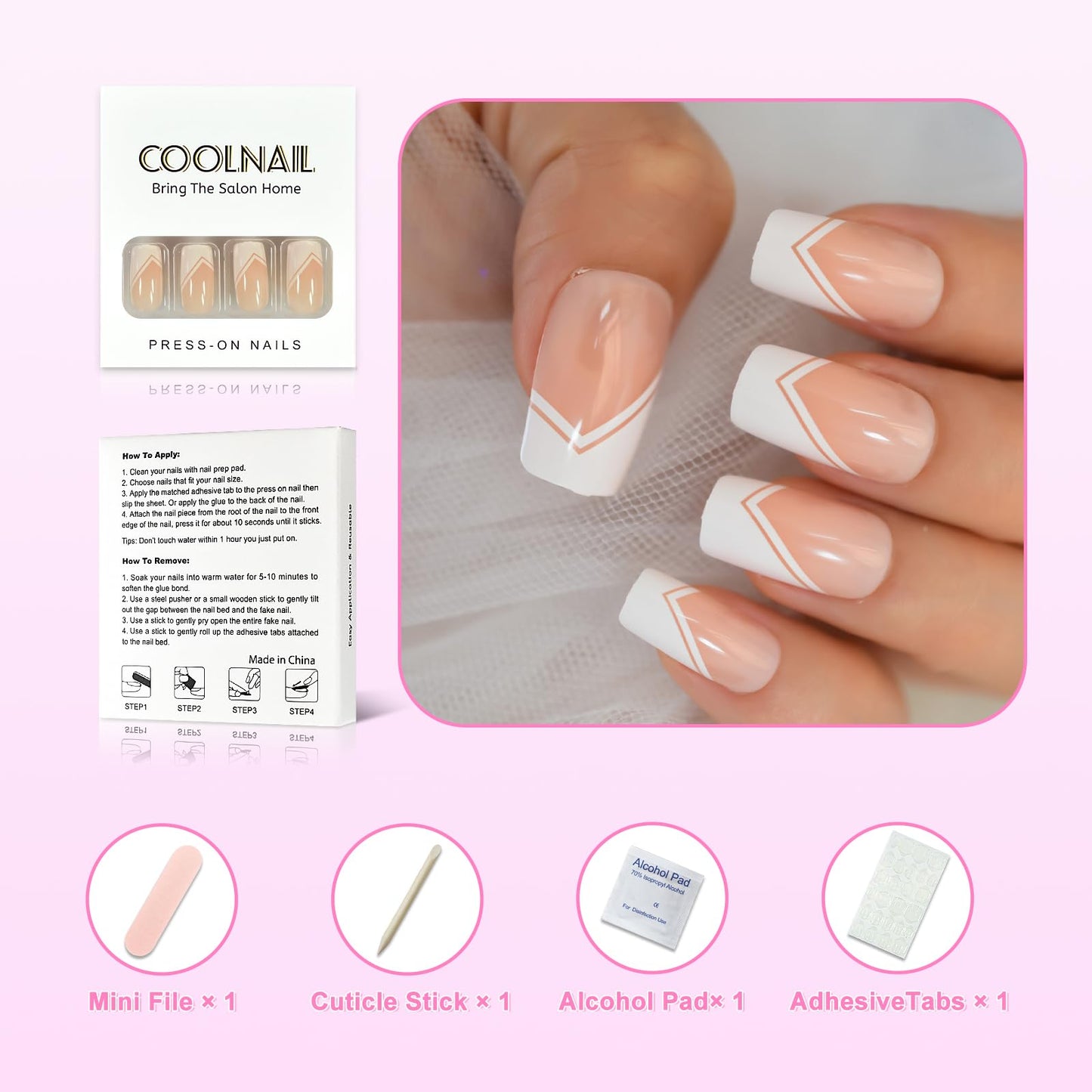 Coolnail Glossy White V French Press on False Nails Square Flat Top Shape Gel Natural Nude Medium Long Fingersnails for Women and Girl