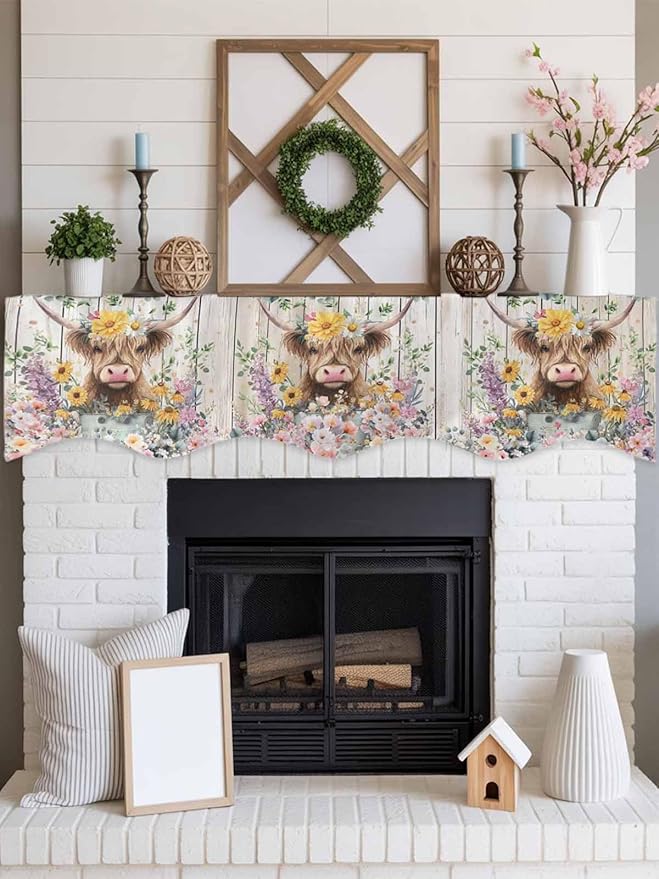 Spring Cow Floral Fireplace Mantel Scarf Table Runner, Green Eucalyptus Leaves Grey Wooden Winter Garland Mantel Top Tablerunners Dresser Scarves Cover for Windows Party Living Room 70''x17''