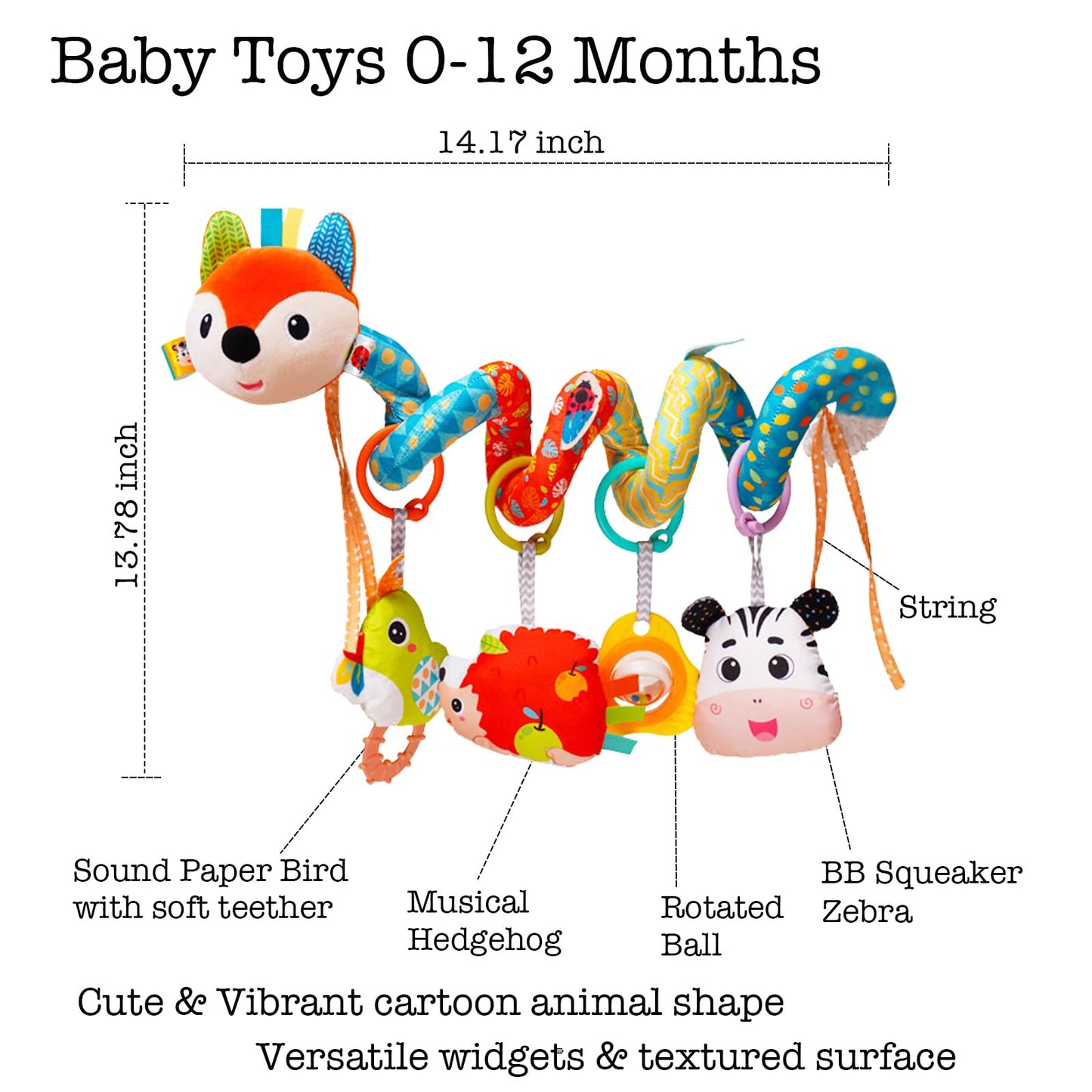 Baby Car Seat Toys, Infants Activity Spiral Plush Toys for Babies 0-6 Months Hanging Stroller Toy Gift for Infant Boys and Girls 0 3 6 12 Months Newborn Sensory Toy with Rattles Squeaker Music - Fox