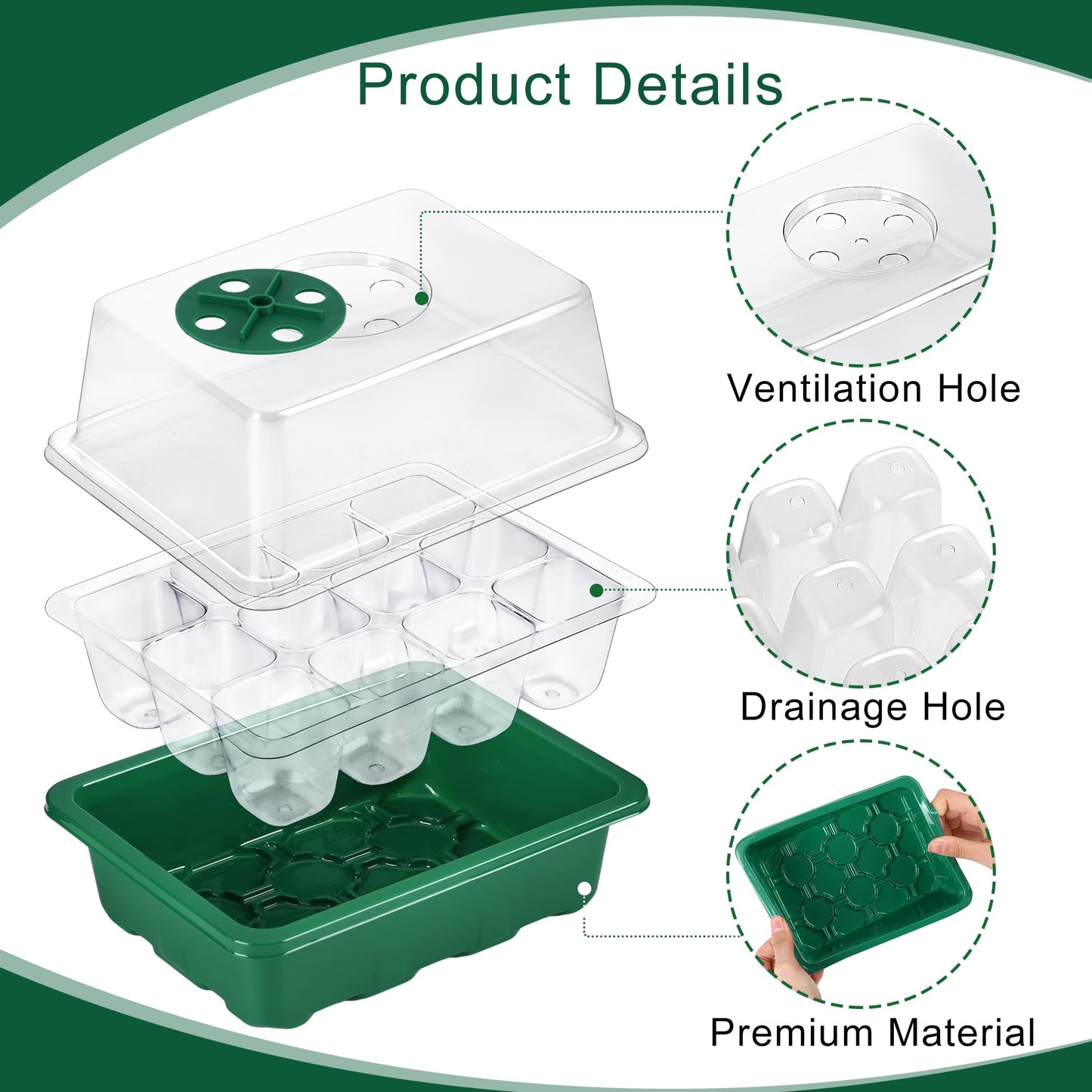 Hahood 6 Pack Seed Starter Tray Kit with Grow Light and Seedling Heat Mat 72 Cells Seed Starter Tray with Humidity Dome and Base Plastic Plant Growing Germination Trays for Seed Propagation, Green