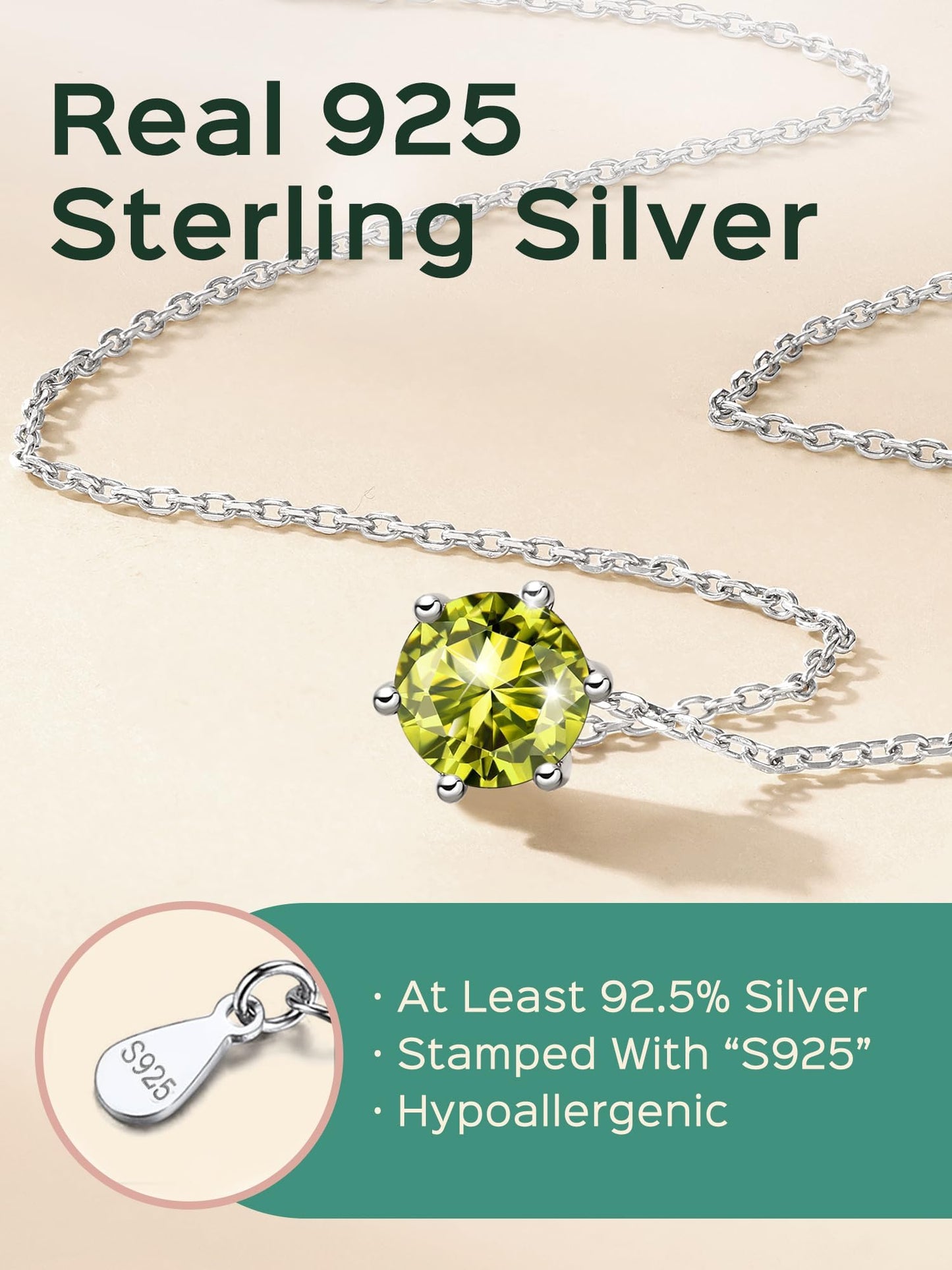 ChicSilver August Birthstone Necklace 925 Sterling Silver Round Cut Gem Stone Simulated Peridot Necklace Dainty Tiny Cubic Zirconia Pendant Necklace for Women