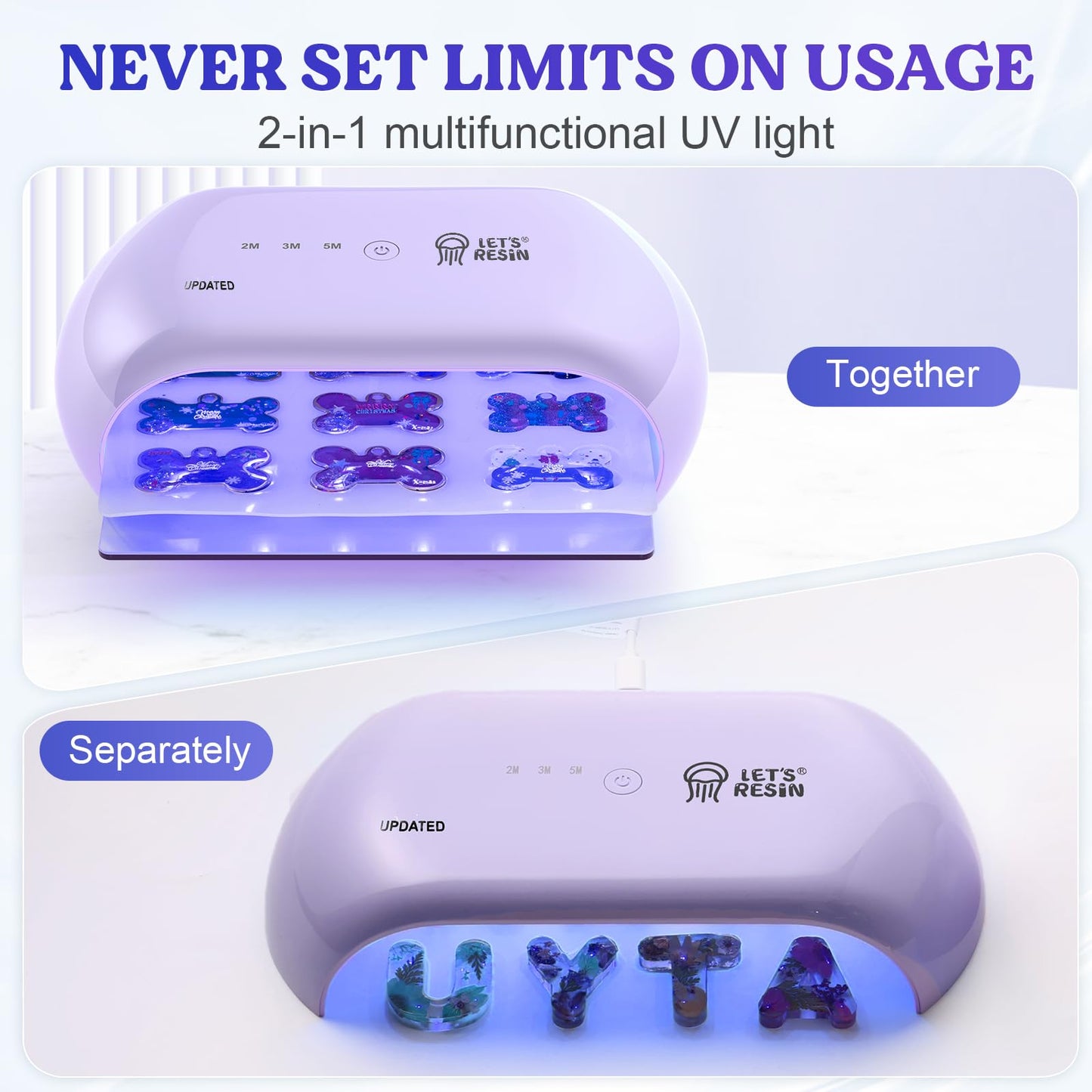 LET'S RESIN UV Light,Two-Sided Longer time Setting(2m,3m,5m) UV Lamp with Single Head Adapter, Large Size 36 Beads LED Light for Resin Curing, Resin Molds,DIY Craft Decor(Purple)
