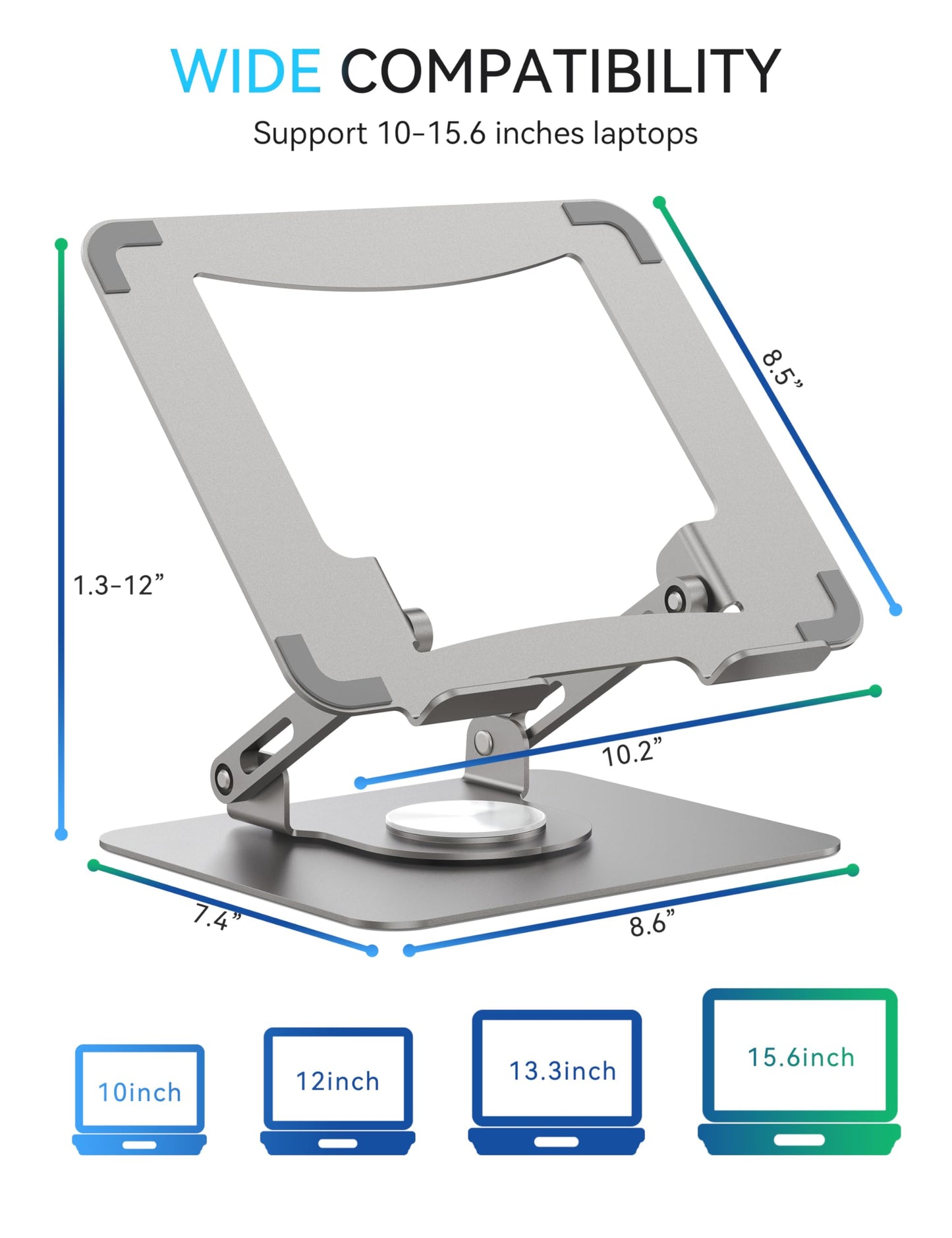 SOUNDANCE 360 Rotating Laptop Stand, Ergonomic Computer Riser for Desk, Adjustable Height Multi-Angle Metal Holder, Foldable Portable Notebook Elevating Base for Office & Home, Silver Grey