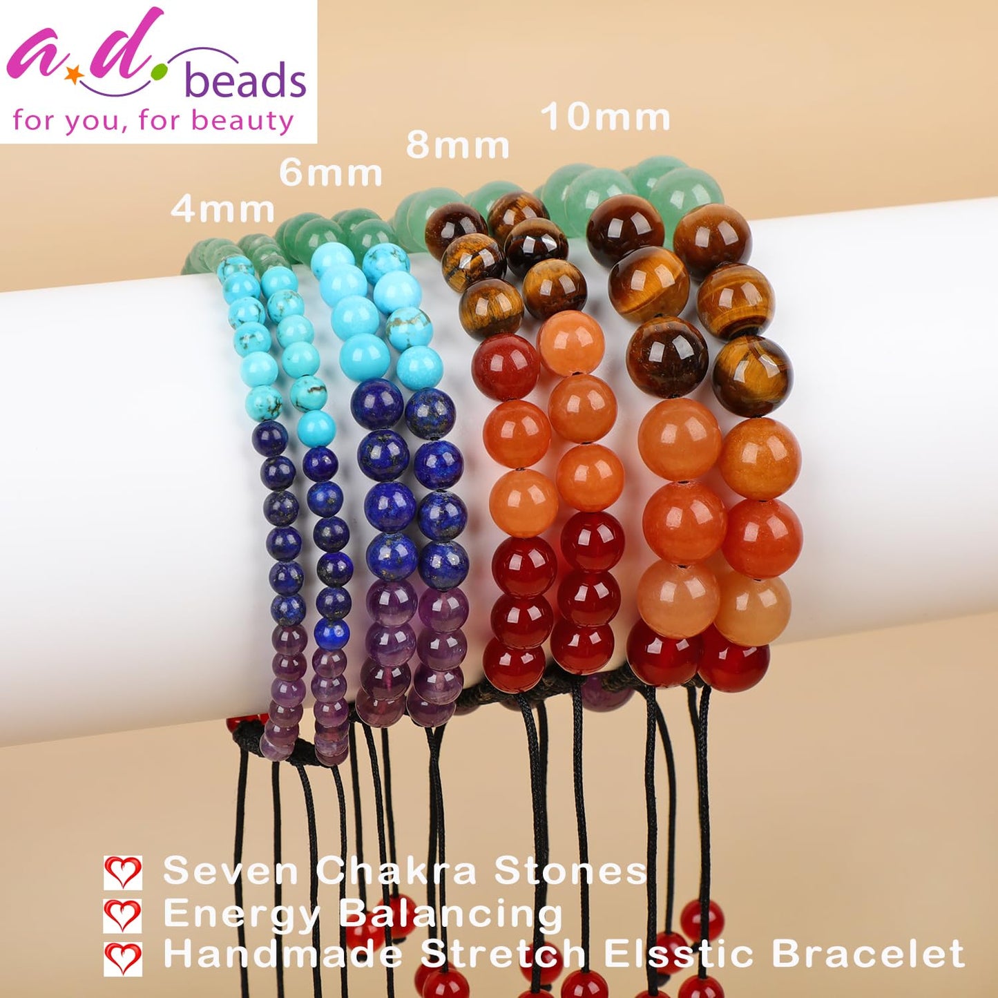 AD Beads 8mm Seven Chakra - Energy Balancing - Handmade Natural Stone Crystal Bracelet with Adjustable Macrame String - Yoga Healing Power Energy Gifts for Men and Women