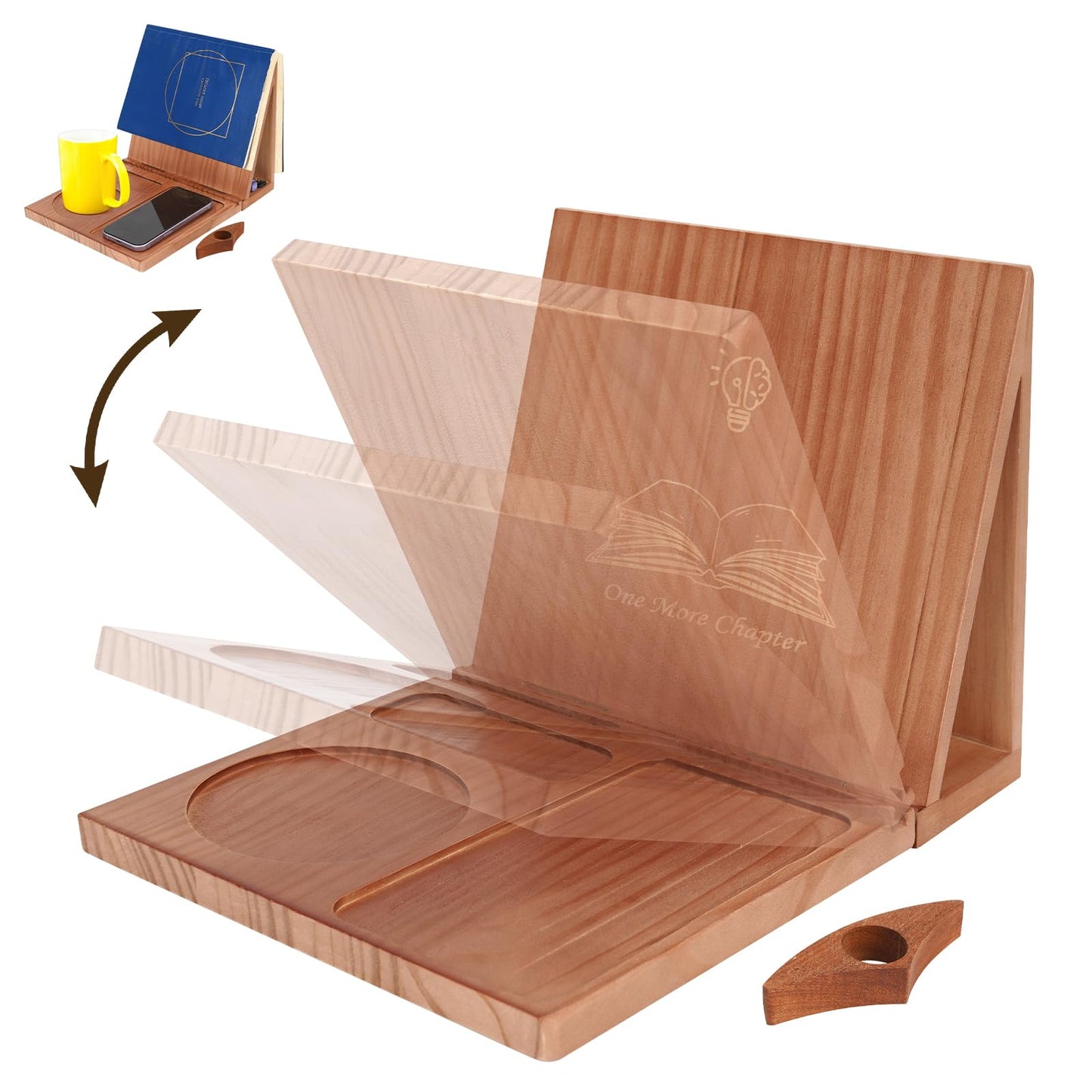 Triangle Book Holder Stand & Reading Valet, Foldable Wooden Book Rest with Cup, Phone, Glasses & Pen Holder, Includes Thumb Page Holder, Ideal Reading Accessory Gift for Book Lovers, Readers