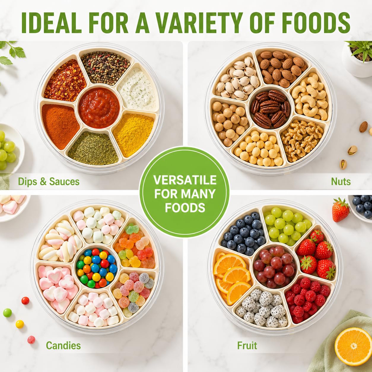 UFORU Divided Serving Tray with Lid, Handle and Chill Base, Portable 6 Compartment Snackle Box Container, Rounded Veggie and Fruit Organizer for Charcuterie, Snacks, Travel, Picnic, Kitchen, Party