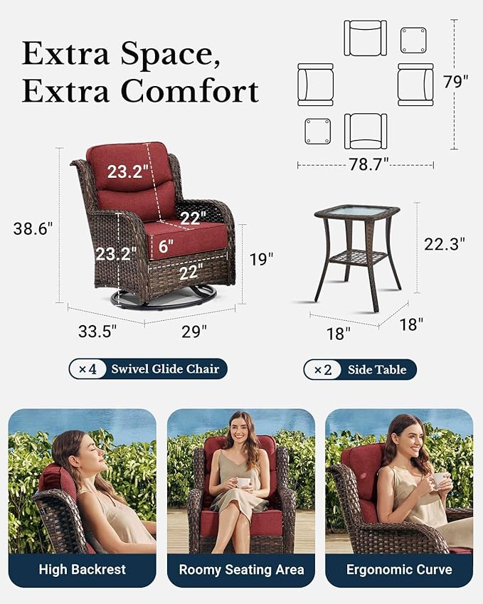 HILLGA Luxury Patio Furniture Set with 6-Inch Thick Cushions, High Back Outdoor Swivel Rocker Chairs and Table, 6-Piece All Weather Conversation Set for Porch Deck Balcony Yard, Burgundy (V3)