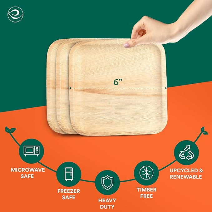 ECO SOUL 6 Inch Disposable Palm Leaf Plates [200 Pack] Premium Food-Safe Heavy Duty Compostable Bamboo Paper Plates for Dessert, Dinner, Apetizers, Weddings, Party, Camping & Catering Events [Square]