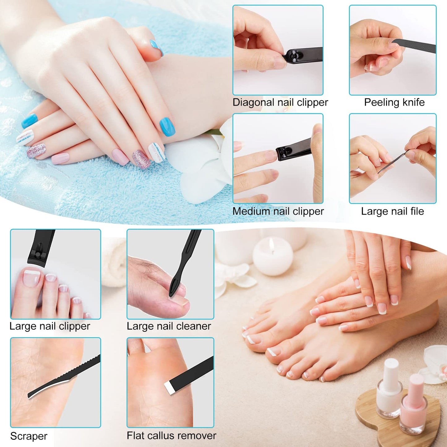 Manicure set Nail Clippers Sets Stainless Steel Nail Cutter Pedicure Kit Nail File Sharp Nail Scissors and Clipper Manicure Pedicure Kit Fingernails & Toenails with Portable case (Blove/gray_25 in 1)