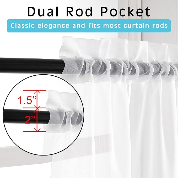 OVZME White Sheer Curtains 36 Inch Length Kitchen Tiers Short Voile Drapes Solid Sheers Cafe Curtain for Bathroom Small Half Window 2 Panels Set, Rod Pocket, 42" W x 36" L