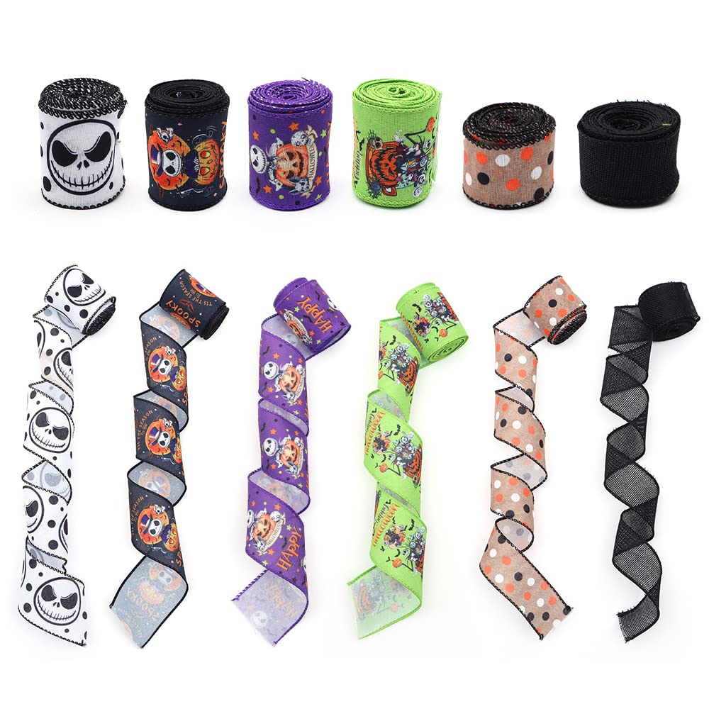 6 Rolls Nightmare Before Christmas Wired Ribbon 1.5" & 2.5" - Halloween Jack Skellington Sally Ribbon with Pumpkin/Spider/Bat/Patterns for Fall Halloween Christmas Decor, Wreath Bows, Gift Wrapping