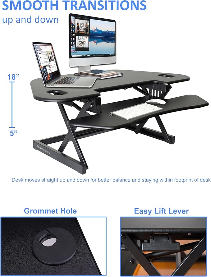 Rocelco 46" Height Adjustable Corner Standing Desk Converter with Dual Monitor Arm Mount Bundle - Sit Stand Up Tabletop Computer Workstation Riser - Extra Large Keyboard Tray - Black (R CADRB-46-MA2)