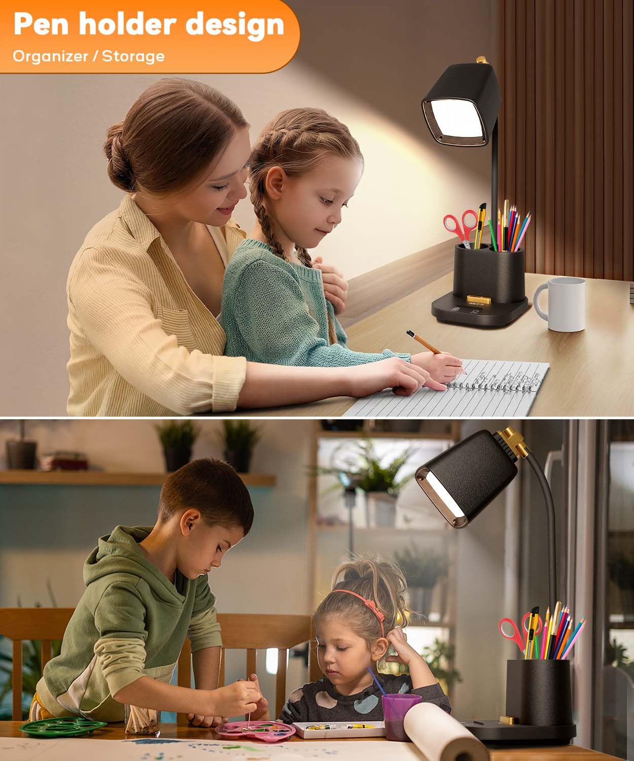 LED Desk Lamp with USB Charging Ports & Organizer, Small Table Lamps for Home Office/Bedroom/College Dorm Room,Gooseneck Desk Light with Charger for Study/Reading/Craft/Work/Task, Dorm Room Essentials