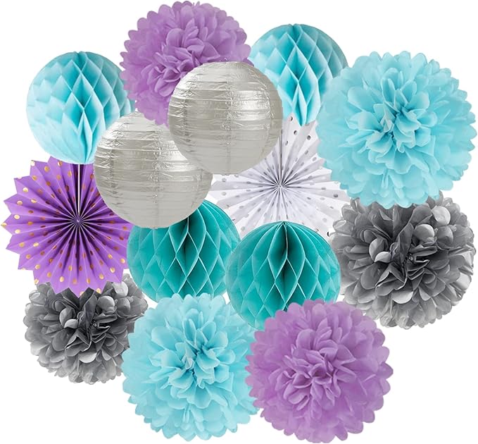 Purple-Blue Silver Frozen Christmas Party Decorations - 14pcs Winter Girl Birthday New Year Paper Lanterns Fan,Tissue Pom Poms Streamers,Honeycomb Balls,Mermaid Baby Shower Decor Lasting Surprise