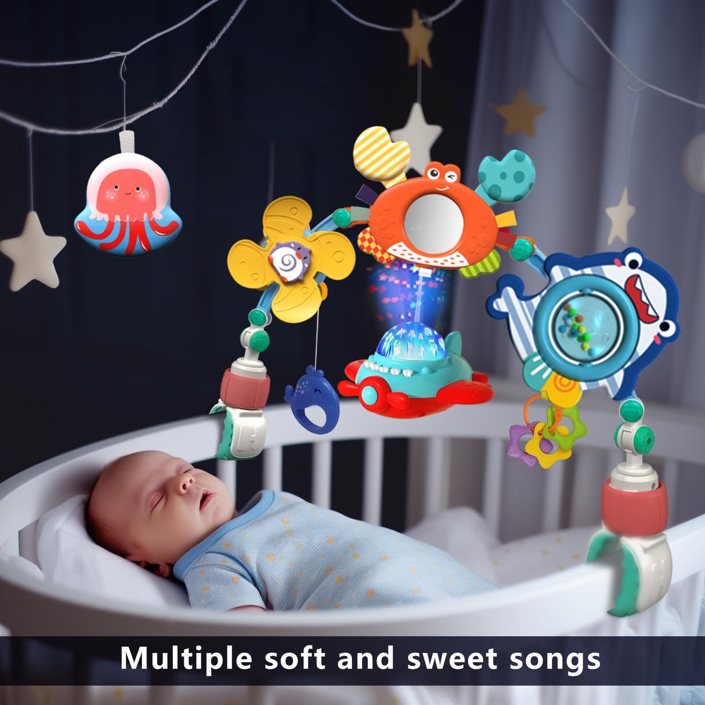 qesfir Musical Baby Stroller Arch, Travel Car Seat Toys, Baby Play Arch Crib Accessory, Mobile for Bassinet, Pram Activity Arch Bar for Babies Infants