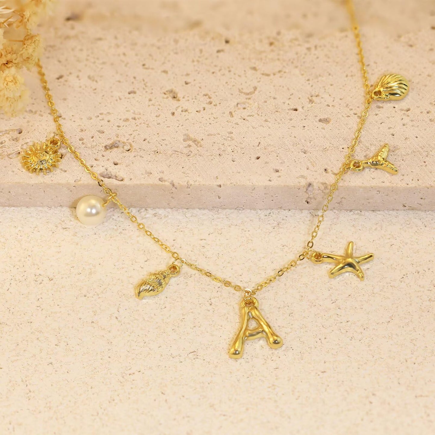 JALZEMPL Initial Charm Necklace For Women Shell Seashell Summer Beach Letter 14K Gold Plated Pendant Starfish Surfer Boho Jewelry Gifts (M)