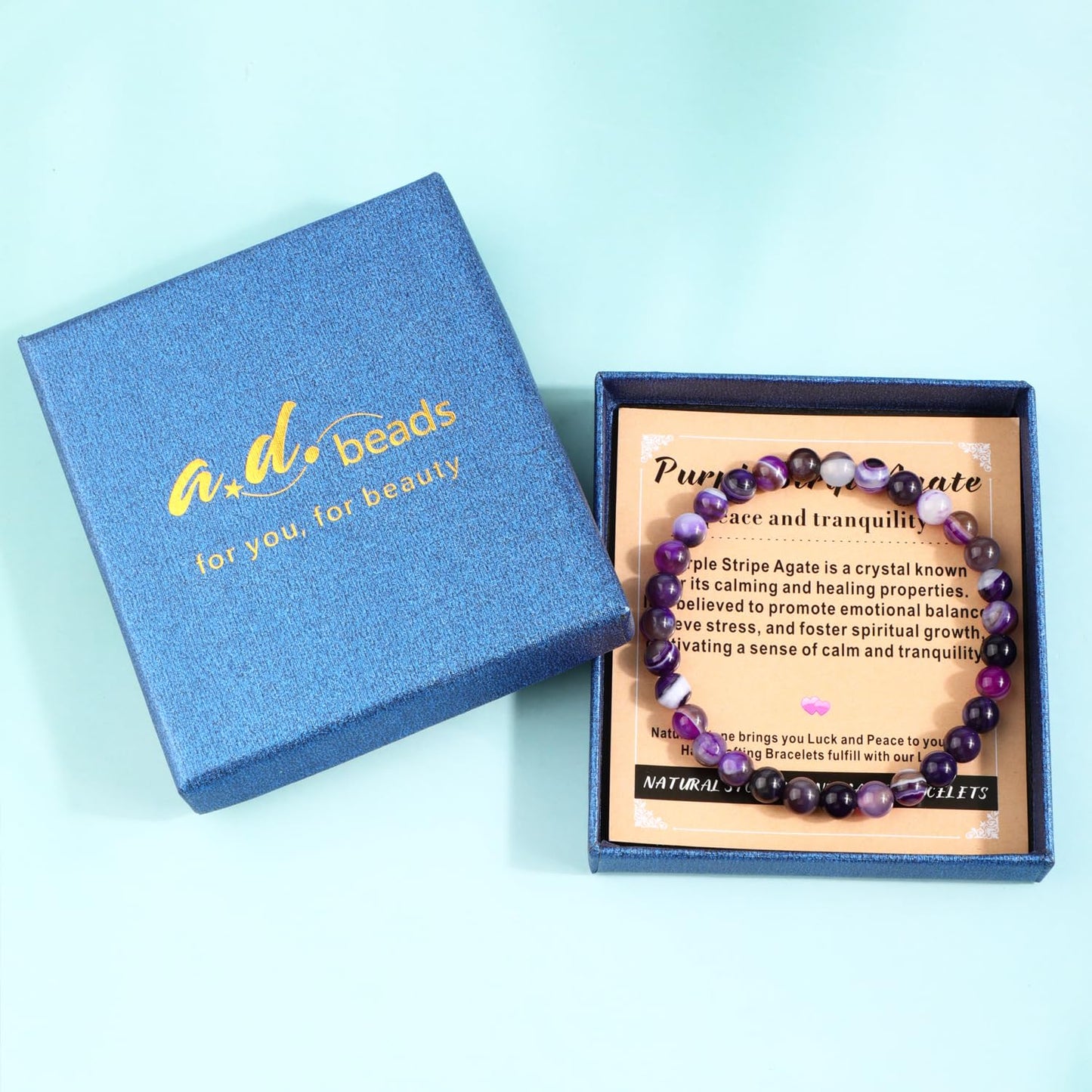 AD Beads 4mm Handmade Purple Stripe Agate Elastic Bracelet – Natural Gemstone for Peace and Tranquility – Meditation, Yoga, Healing and Energy Gift for Men Women
