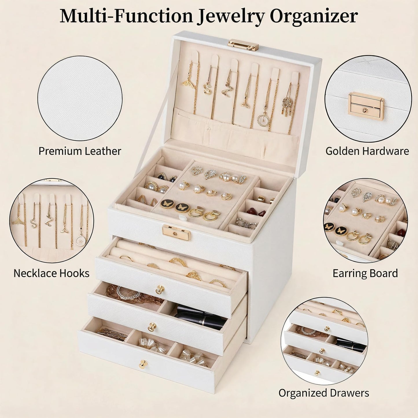 Vandozis Leather Jewelry Box with Lock for Women, 4-Tier 3-Drawer Jewelry Organizer, Large Capacity Vanity Storage Case for Earrings Rings Necklaces, Gift for Her (White)